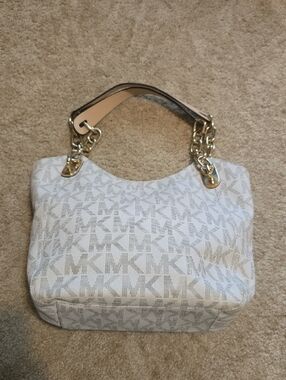Michael Kors Cream Logo Shoulder Bag with Gold Chain Handles